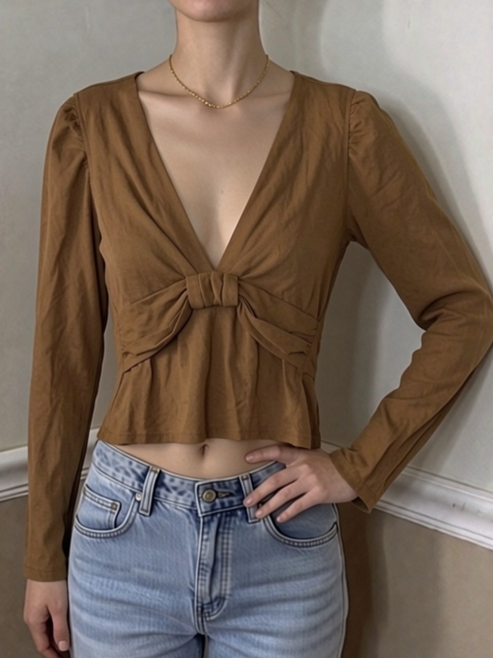 🤍 5 for $20! Free People Brown Deep V Knot-Front Long Sleeve Top